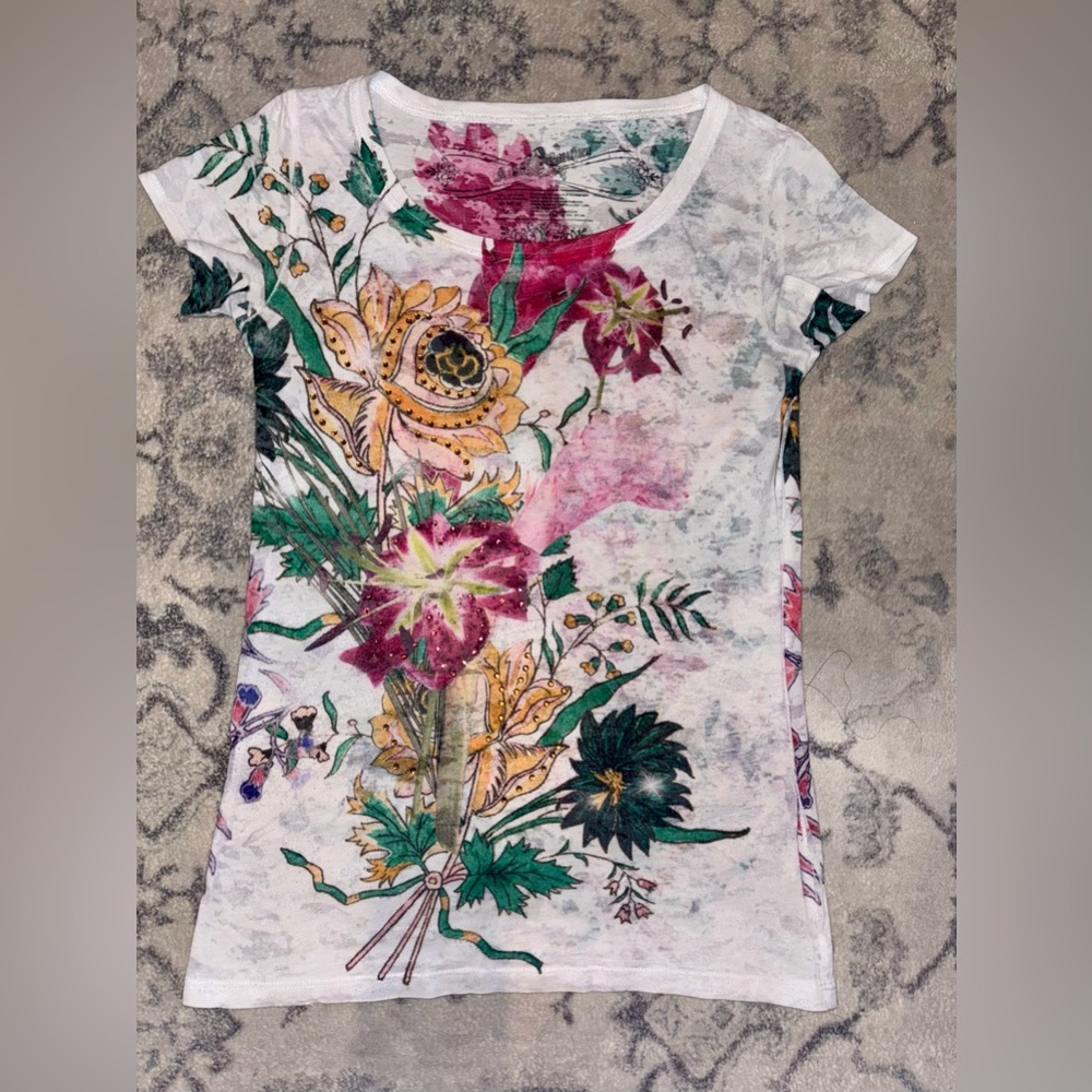 Awake couture woman’s M white flower embellished rhinestone top